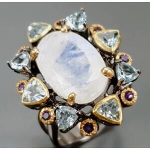 Rainbow Moonstone , Aquamarine Amethyst Halo, Sterling Silver Ring Size 8